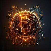 illustration of bit coin bioluminescence, vibrant, dreamy, crepuscular rays, cyberpunk Bitcoin sign with a universal, high tech detail, lighting photo