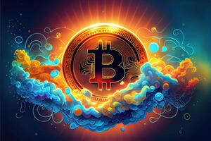 illustration of bit coin bioluminescence, vibrant, dreamy, crepuscular rays, cyberpunk Bitcoin sign with a universal, high tech detail, lighting photo
