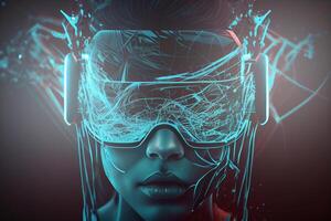 illustration of Metaverse concept and virtual world elements. Side view of human face in augmented or virtual reality headset inside the metaverse photo