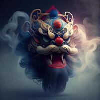 illustration of anthropomorphic traditional Chinese lion dance, big round eyes, plump body, Chinese Spring Festival, luminous particles, smoke photo