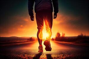 illustration of an athletic man walking on a deserted road into the sunset. The image is focused on the man's leg, which emphasizes his physical fitness and determination photo