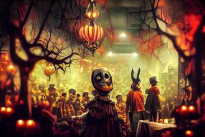 illustration of Colorful halloween indoor party, children playing on night halloween street, creepy castle, american neighborhood background. Digitally generated image. photo