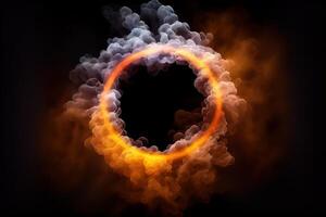 illustration of neon smoke exploding outwards with empty center. Dramatic smoke or fog effect for spooky, hot lighting ring circle photo