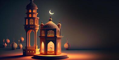 Generative AI illustration of Islamic holiday. Ramadan night. Mosque and lantern displayed on stages with glowing light in the evening. Wallpaper and banner background. photo