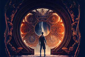 illustration of man in front of portals to fantasy dimensions that radiate power and energy, dramatic, saturated, high contrast, powerful, glowing edges. game and dream concept. photo