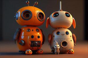 illustration of two cute robots stay together on ground, futurism, high tech. photo