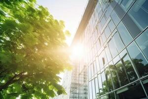 illustration of Gorgeous garden on the rooftop of a contemporary glass office building in Asia photo