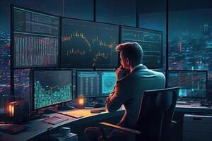 illustration of billionaire businessman data analyst in his futuristic control center, lots of monitors with statistical plots, economic graphs, charts, crypto data, glass windows photo