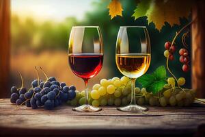 generativo ai ilustración de lentes de rojo y blanco vino y maduro uvas en mesa en borroso viñedo foto