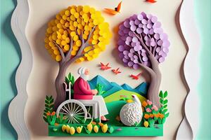 illustration of origami spring background, joyful elderly, happy family with parent, colorful. Paper cut craft, 3d paper illustration style, pop color. Neural network generated art. photo