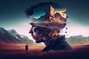 illustration of a mind in flux, a surreal digital artwork of a person's face fragmented into disparate states, state in mind, sad, negative, worry photo