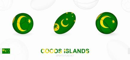 Deportes íconos para fútbol, rugby y baloncesto con el bandera de cocos islas vector