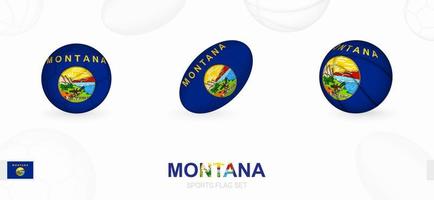 Sports icons for football, rugby and basketball with the flag of Montana. vector