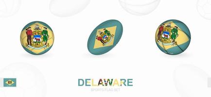 Deportes íconos para fútbol, rugby y baloncesto con el bandera de Delaware. vector