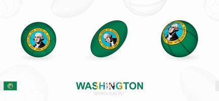 Deportes íconos para fútbol, rugby y baloncesto con el bandera de Washington. vector