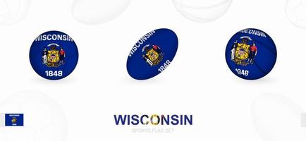 Deportes íconos para fútbol, rugby y baloncesto con el bandera de Wisconsin. vector