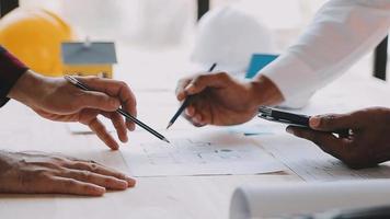 Architect concept, Architects working with blueprints in the office, Vintage Effect video