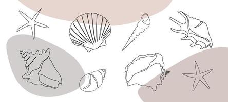 Seashells set on an abstract background. One line drawing of a shell. Hand drawn marine illustrations of seashells. Summer tropical ocean beach style. vector