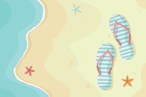 Colorful summer background with flip flops, sea and seastars. Summer beach Background. Beach, sea, yellow sand with slippers and starfish. Vector Illustration.