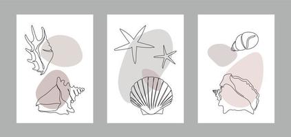 Seashells on an abstract background. One line drawing of a shell vector