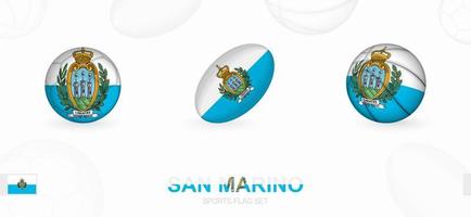 Deportes íconos para fútbol, rugby y baloncesto con el bandera de san marino. vector