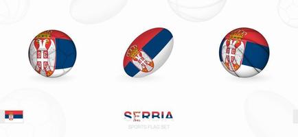Deportes íconos para fútbol, rugby y baloncesto con el bandera de serbia vector