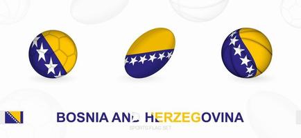 Deportes íconos para fútbol, rugby y baloncesto con el bandera de bosnia y herzegovina vector