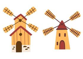 Rural windmill and watermill set. Ideal for logo, printing and postcards. Vector illustration isolated on the white background.