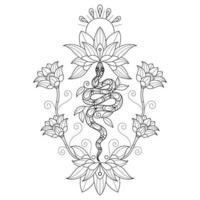 Waterlily and snake hand drawn for adult coloring book vector