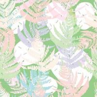 seamless mixed hand drawn fern leaves stamp pattern on green background vector