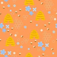 Seamless pattern of bees, beehives and flowers. Vector graphics.