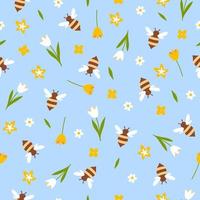 Seamless pattern of bees and flowers. Vector graphics.