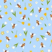 Seamless pattern of bees and flowers. Vector graphics.