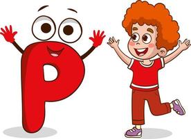 happy cute little kid studies alphabet letter P character vector