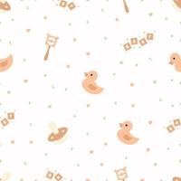 Scrapbook seamless background. Orange baby shower patterns. Cute print with duck, pacifier and rattle vector