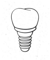 Dental implant of human tooth. Outline. Vector illustration. Symbol of somatology and oral hygiene. Fixture prothesis in dentistry. Hand drawn sketch. Isolated white background