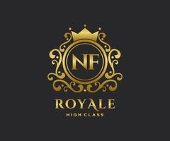 Golden Letter NF template logo Luxury gold letter with crown. Monogram alphabet . Beautiful royal initials letter. vector