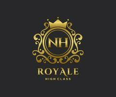 Golden Letter NH template logo Luxury gold letter with crown. Monogram alphabet . Beautiful royal initials letter. vector