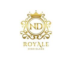 Golden Letter ND template logo Luxury gold letter with crown. Monogram alphabet . Beautiful royal initials letter. vector