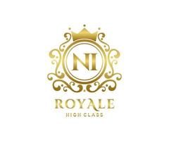 Golden Letter NI template logo Luxury gold letter with crown. Monogram alphabet . Beautiful royal initials letter. vector