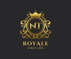 Golden Letter NT template logo Luxury gold letter with crown. Monogram alphabet . Beautiful royal initials letter. vector