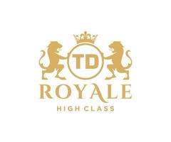 Golden Letter TD template logo Luxury gold letter with crown. Monogram alphabet . Beautiful royal initials letter. vector