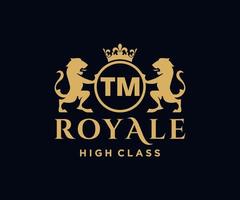 Golden Letter TM template logo Luxury gold letter with crown. Monogram alphabet . Beautiful royal initials letter. vector