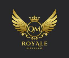 Golden Letter QM template logo Luxury gold letter with crown. Monogram alphabet . Beautiful royal initials letter. vector