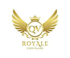 Golden Letter QV template logo Luxury gold letter with crown. Monogram alphabet . Beautiful royal initials letter. vector