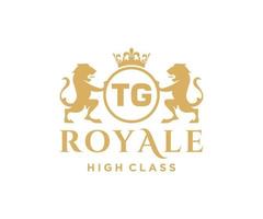 Golden Letter TG template logo Luxury gold letter with crown. Monogram alphabet . Beautiful royal initials letter. vector