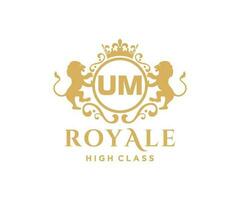 Golden Letter UM template logo Luxury gold letter with crown. Monogram alphabet . Beautiful royal initials letter. vector