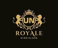 Golden Letter UN template logo Luxury gold letter with crown. Monogram alphabet . Beautiful royal initials letter. vector