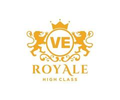 Golden Letter VE template logo Luxury gold letter with crown. Monogram alphabet . Beautiful royal initials letter. vector