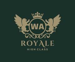 Golden Letter WA template logo Luxury gold letter with crown. Monogram alphabet . Beautiful royal initials letter. vector